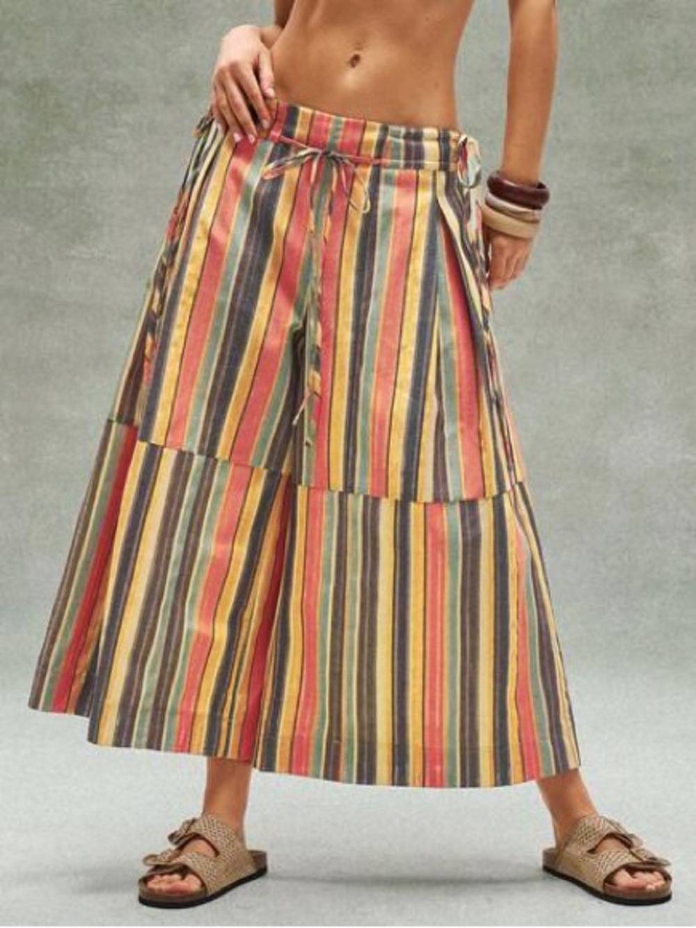Shein Striped Multicolor Wide Leg Capris with Drawstring Waist XL